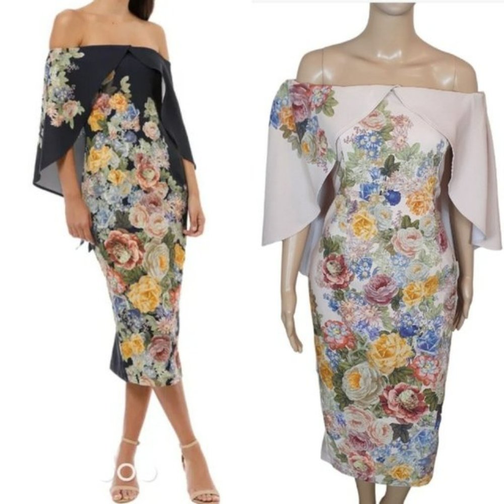 Pduch Floral Off Shoulder Midi Dress TAN cocktail wedding